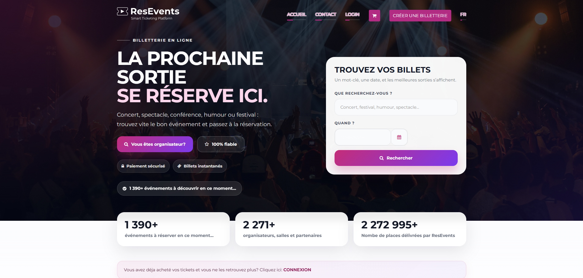 Capture réelle de la plateforme de billetterie ResEvents